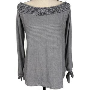 ADORA Off Shoulder Pleated Blouse Striped Tie Sleeve Top Womens Sz Med MYT10428